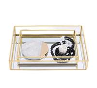 Acouto Transparent Vintage Metal Glass Storage Box Gold Tray for Jewelry Cosmetics, Elegant Display Organizer for Agency or Vanity (Rectangular, Large)