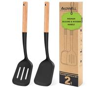 AcoWELL 2 Pack Silicone Spatula Set with Elegant Wooden Handle, Heat Resistant Solid & Slotted Turner for Non Stick Pans, Great Kitchen Spatulas, Cooking Utensils for Sautéing, Frying, Flipping -Black