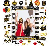 Acquwistach 16th Birthday Inflatable Frame, 31pcs Photo Inflatable Booth Props, Gold Black Frame Decorations, Selfie Frame, for Her Him Birthday, Family Fun Holiday Party Supplies