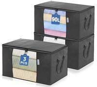 ACRALI HOME 90L Large Storage Bags with Zips- 3 Pack Foldable Clothes Storage Bag Organizer, Reinforced Handle and Transparent Window, Breathable Thick Fabric for Comforters, Blanket and Bedding- Grey