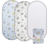 Acrali Home Moses Basket Sheets 35x75 cm - 3 Pack 100% Pure Cotton Ultra Soft, Breathable & Gentle on Baby Skin - 1 Waterproof Moses Basket Mattress Protector & 2 Pram Fitted Sheets - Elephant Design