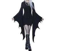 Acrawnni Adult Female Wicked Witch Halloween Fancy Dress Gothic Long Sleeve Hooded Gown Midnight Vampiress Cosplay Outfits (B-Black, L)