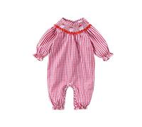 Acrawnni Baby Baby Girl Christmas Romper Santa Clause Print Plaid Long Puff Sleeve Smocked Jumpsuit Bodysuit Infant Fall Xmas Outfit (A-Red, 6-9 Months)