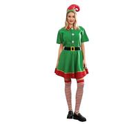 Acrawnni Christmas Elf Costume for Parents and Child, Children's Elf Costume Short Sleeve Dress Pants over Kneel with Hat, Belt and Socks (A-Women, S)