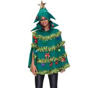 Acrawnni Christmas Tree Cape for Women Poncho Costume Cap Green Bow Ball Decor Hooded Cloak Cape Party Prop for Cosplay Party (A-Green, S)