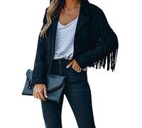 Acrawnni Faux Suede Tassel Jacket Womens Vintage Lapel Long Sleeve Fringe Cropped Hippie Motor Biker Cardigan Outwears (Black, Small)