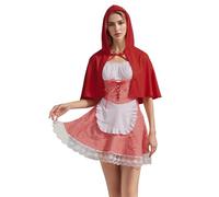 Acrawnni Halloween Miss Red Riding Hood Costume Fairytale Short Puff Sleeve Plaid Print Mini Corset Dress with Hooded Cape (A-Red, XL)
