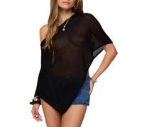 Acrawnni Ladies Sheer Poncho Irregular Knitted Crochet Lace Fish Net Batwing Wrap Summer Boho Beach Vacation Cover Up (A-black, ONE SIZE)