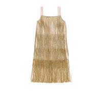 Acrawnni Little Kids Girls Sparkly Tassels Dress Sleeveless Square Neck Sequin Fringe Layer Zip Back Party Latin Dance Dress (C-Gold, 4-5 Years)