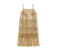 Acrawnni Little Kids Girls Sparkly Tassels Dress Sleeveless Square Neck Sequin Fringe Layer Zip Back Party Latin Dance Dress (A-Gold, 8-9 Years)