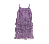 Acrawnni Little Kids Girls Sparkly Tassels Dress Sleeveless Square Neck Sequin Fringe Layer Zip Back Party Latin Dance Dress (A-Purple, 7-8 Years)