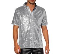 Acrawnni Men Sparkle Sequins Shirt Vintage Summer 1/4 Sparkle Button Short Sleeve Disco Tops 70s Party Club Novelty Shiny Shirt Rave Tops (A-Silver, XXL)