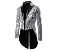 Acrawnni Mens Sequin Tuxedo Tailcoat Swallowtail Suit Jacket Dinner Party Wedding Blazer Slim Fit Show Tux Dress Coat (Silver, X-Large)