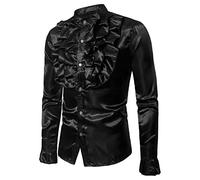 Acrawnni Men's Vintage Dress Shirt Sequin Satin Silk Ruffle Chest Stand Collar Button Down Retro 90S Party Prom Performing Blouse Top (Black, XXL)
