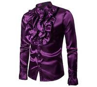 Acrawnni Men's Vintage Dress Shirt Sequin Satin Silk Ruffle Chest Stand Collar Button Down Retro 90S Party Prom Performing Blouse Top (Purple, XL)