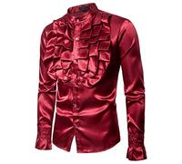 Acrawnni Men's Vintage Dress Shirt Sequin Satin Silk Ruffle Chest Stand Collar Button Down Retro 90S Party Prom Performing Blouse Top (Wine Red, M)