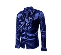 Acrawnni Men's Vintage Dress Shirt Sequin Satin Silk Ruffle Chest Stand Collar Button Down Retro 90S Party Prom Performing Blouse Top (Blue, L)