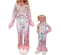 Acrawnni Mom and Me Matching Christmas Pajama Set Feather Trim Long Sleeve Shirt Pants Sleep Sets for Mother Daughter 2 Piece Sleepwear (Kids, 4-5 Years, C-Pink)