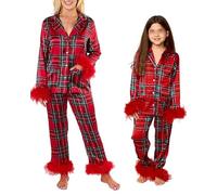 Acrawnni Mom and Me Matching Christmas Pajama Set Feather Trim Long Sleeve Shirt Pants Sleep Sets for Mother Daughter 2 Piece Sleepwear (Kids, 11 Years, A-Red)