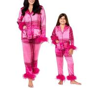 Acrawnni Mom and Me Matching Christmas Pajama Set Feather Trim Long Sleeve Shirt Pants Sleep Sets for Mother Daughter 2 Piece Sleepwear (Women, XXL, A-Rose Red)