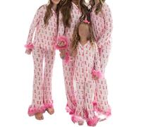 Acrawnni Mom and Me Matching Christmas Pajama Set Feather Trim Long Sleeve Shirt Pants Sleep Sets for Mother Daughter 2 Piece Sleepwear (B-Pink, 12-18 Months)