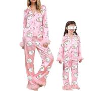 Acrawnni Mom and Me Matching Christmas Pajama Set Feather Trim Long Sleeve Shirt Pants Sleep Sets for Mother Daughter 2 Piece Sleepwear (E-Pink, S)