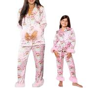 Acrawnni Mom and Me Matching Christmas Pajama Set Feather Trim Long Sleeve Shirt Pants Sleep Sets for Mother Daughter 2 Piece Sleepwear (Kids, 8 Years, A-Pink Santa)