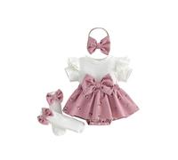 Acrawnni Newborn Baby Girl Summer Outfit Ribbed Floral Print Patchwork Fake Two-Piece Short Sleeve Bow Romper Dress Long Socks Headband Set (A-Pink, 3-6 Months)
