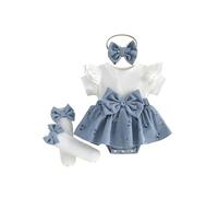 Acrawnni Newborn Baby Girl Summer Outfit Ribbed Floral Print Patchwork Fake Two-Piece Short Sleeve Bow Romper Dress Long Socks Headband Set (A-Blue, 0-3 Months)