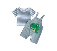 Acrawnni Toddler Baby Boy Summer Clothes Striped Crew Neck Short Sleeve T-Shirt Dinosaur Patch Embroidered Suspender Overalls Shorts Set (A-Blue, 6-12 Months)