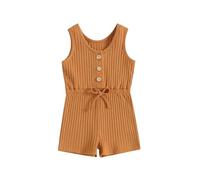 Acrawnni Toddler Baby Girl Sleeveless Jumpsuit Ribbed Knitted Sleeveless Button Down Tank Top Short Jumpsuit Rompers One Piece Outfit (D-Turmeric, 18-24 Months)