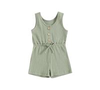 Acrawnni Toddler Baby Girl Sleeveless Jumpsuit Ribbed Knitted Sleeveless Button Down Tank Top Short Jumpsuit Rompers One Piece Outfit (D-Bean Green, 3-4 Years)