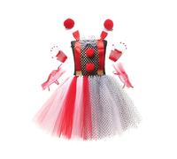 Acrawnni Toddler Kids Girl Halloween Clown Costume Set Sleeveless Tulle Tutu Dresswith Hair Clips Gloves Collar Halloween Cosplay Costume (C-Red, XXL)