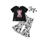 Acrawnni Western Toddler Baby Girl Clothes Short Sleeve Boots Print Tops + Pants + Headband 3 Piece Set Cowgirl Country Clothes (A-Black, 3-4T)
