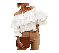 Acrawnni Woman's Strapless Half Sleeve Blouses Sexy Off Shoulder Ruffle Tie-Up Chiffon Crop Tops Casual Ladies Tunic Shirts (A-White, L)