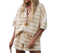 Acrawnni Women 2 Piece Crochet Knit Short Sets Hollow Out Stripe Contrast Color Button Crochet Knit Tops Shorts Set Beach Lounge Sets (A-Khaki, M)
