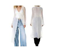 Acrawnni Women Chiffon Mesh Flowy Maxi Top Frill Sheer Kimono Half Sleeve Ruffle Top See Through Flowy Blouse Shirt (A-White, S)