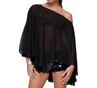 Acrawnni Women Chiffon Poncho Top Y2k Flowy One Shoulder Sheer Shawl Tops Asymmetrical Hem Mesh Cape Cover Ups Wedding Party (A-Black, L)