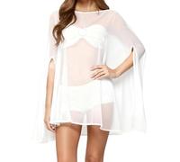 Acrawnni Women Chiffon Poncho Top Y2k Flowy One Shoulder Sheer Shawl Tops Asymmetrical Hem Mesh Cape Cover Ups Wedding Party (C-White, M)