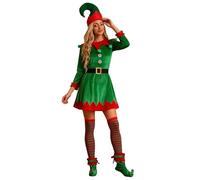 Acrawnni Women Christmas Elf Costume Set Velvet Dress Belt Striped over Knee High Socks Elf Hat Shoes for Xmas Santa's Cosplay Party Dress Up (B-Green, XL)