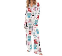 Acrawnni Women Christmas Pajamas Set Bow Tie Long Sleeve Button Down Silk Satin Shirt Pants Funny Graphic 2 Piece Pjs Set Sleepwear (E-White, L)