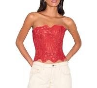 Acrawnni Women Floral Hollowed Strapless Corset Sheer Backless Lace-up Bustier Vest Vintage Lace Trim Textured Crop Tube Top Halloween Overbust Top (B-ORANGE RED, M)