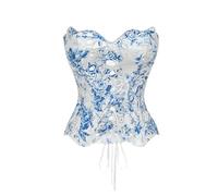 Acrawnni Women Floral Hollowed Strapless Corset Sheer Backless Lace-up Bustier Vest Vintage Lace Trim Textured Crop Tube Top Halloween Overbust Top (B-SKY BLUE, M)