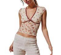 Acrawnni Women Floral Lace Sheer Crop Top Y2k Slim Fit Mesh See Through Short Sleeve Backless T Shirts Aesthetic Grunge Club Streetwear Tees (D-Multicolor, S)