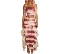 Acrawnni Women Halloween Shark Tale Lola Costume Maxi Skirt Sets Sequin Strapless Tube Top Side Split Ruffle Long Skirt Rave Cosplay Outfit (A-MULTI, XL)