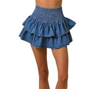 Acrawnni Women High Waisted Tiered Ruffle Mini Skirt Cute Gothic Street A Line Flared Pleated Jean Skirt Bohemian Streetwear (A-Blue, L)