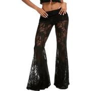 Acrawnni Women Lace Bell Pant Sexy Elastic Waist See Through Flare Bottom Leggings Hollow Out Mesh Cover Up Trousers Bootcut Trousers (G-Black, L)