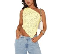 Acrawnni Women Lace One Shoulder Sleeveless Tank Top Sleeveless Sheer Mesh Lace Backless Slim fit Irregular Hem Tie Up Summer Tops (A-Yellow, S)