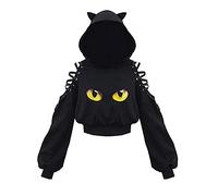 Acrawnni Women Long Sleeve Black Cutout Hoodie Cat Ear Lace Up Crop Top Halloween Hoodie Gothic Punk Pullover Y2K E-Girl Streetwear (A-Eyes, XL)