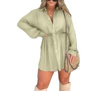 Acrawnni Women Long Sleeve Turn Down Collar Jumpsuit Button Down Shirt Dress Set Romper Playsuit Bodysuit Short Jumpsuit (Light Green, XXL)